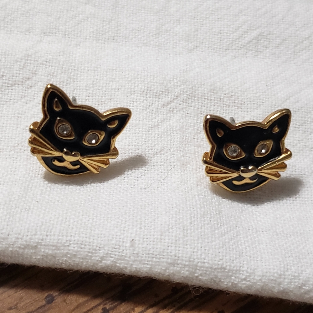 Vintage 1990's Avon Halloween Black Cat Pierced Earrings with Posts